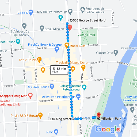 Route Map for PTBO-NOGO Pride Parade/March from 500 George Street south to King Street and then east to Millennium Park